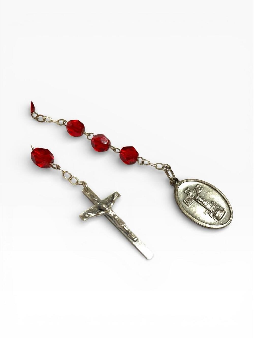 Vintage Sacred Single Decade Red Glass Czech Beaded Pocket Rosary Crucifix Silve
